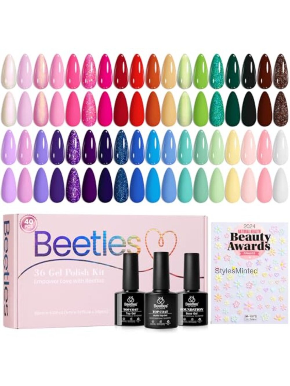36 Color Gel Nail Polish Set with Base Glossy Matte Top Coats & Floral Stickers